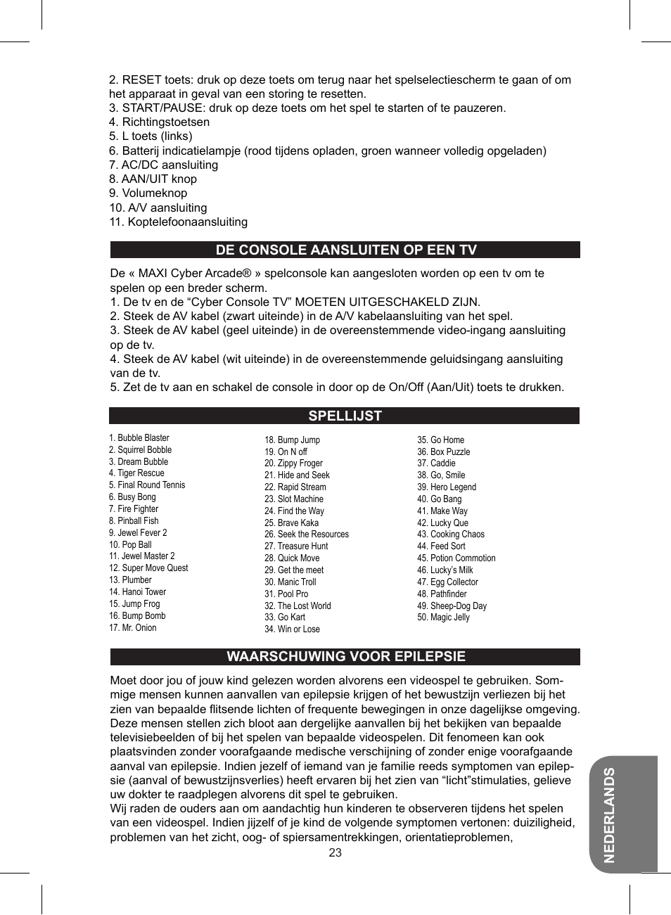 Nederlands, Spellijst waarschuwing voor epilepsie, De console aansluiten op een tv | Lexibook JL2700 User Manual | Page 23 / 24