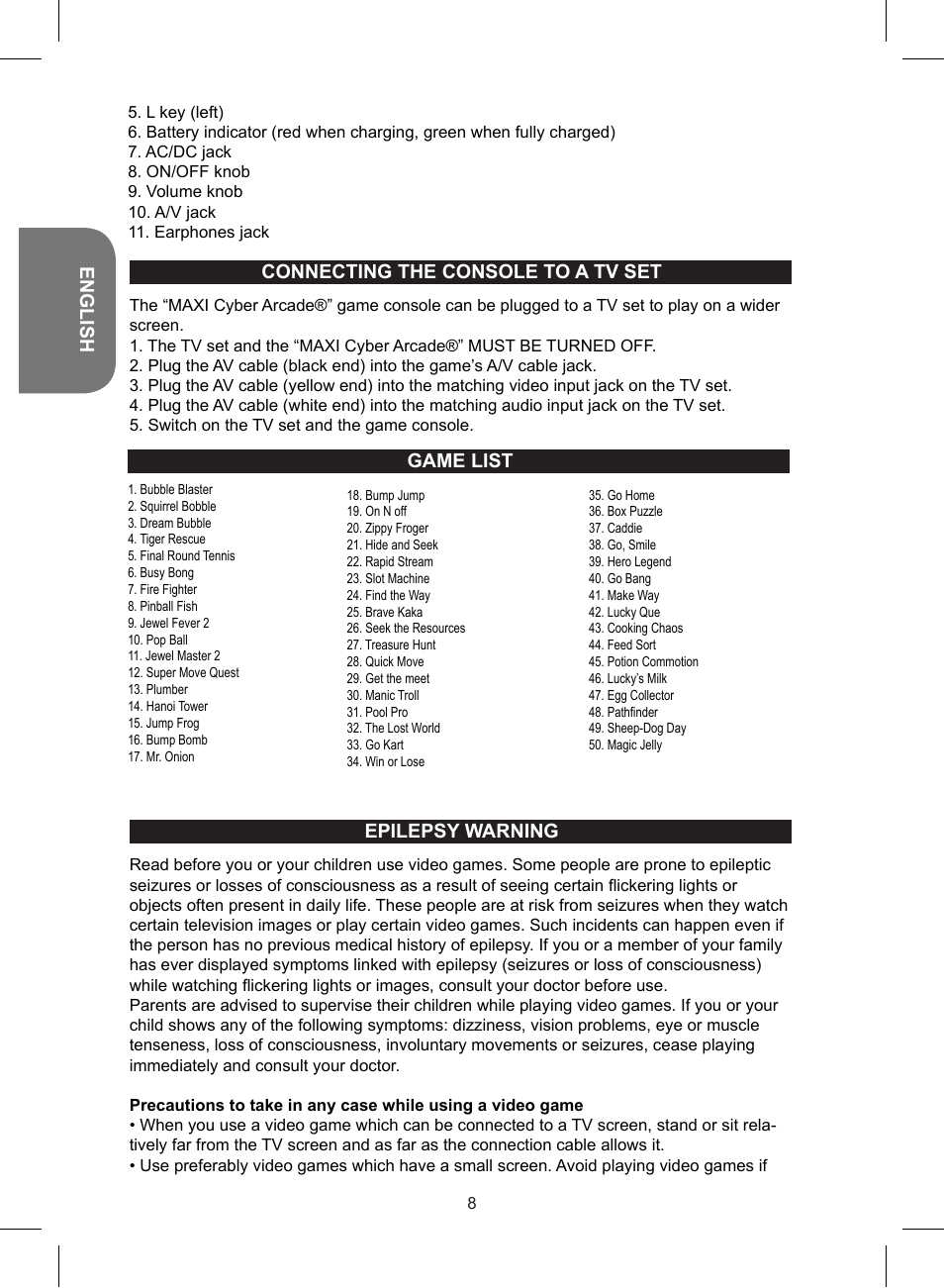 English, Game list epilepsy warning, Connecting the console to a tv set | Lexibook JL2700 User Manual | Page 8 / 24