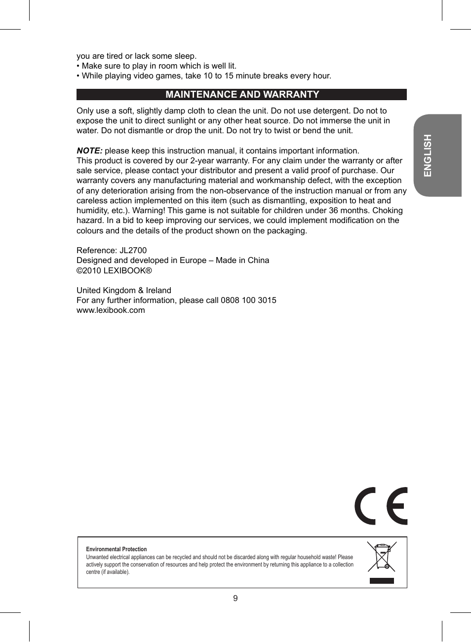 Lexibook JL2700 User Manual | Page 9 / 24