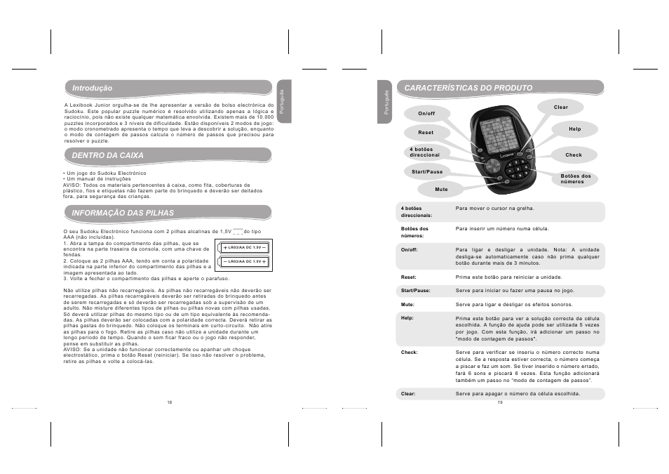 Introduction introdução, Dentro da caixa, Informação das pilhas | Introduction características do produto | Lexibook LG500 User Manual | Page 10 / 19