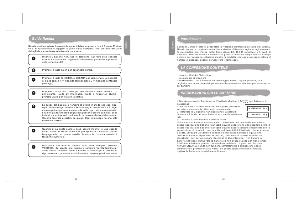 Guida rapida, Introduction introduzione, La confezione contiene | Informazioni sulle batterie | Lexibook LG500 User Manual | Page 12 / 19