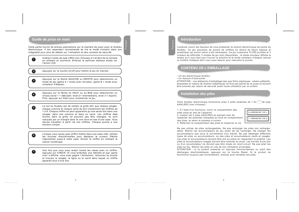 Guide de prise en main introduction, Contenu de l’emballage, Installation des piles | Lexibook LG500 User Manual | Page 2 / 19