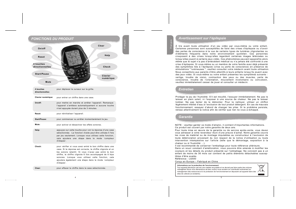 Fonctions du produit, Avertissement sur l’épilepsie, Entretien | Garantie | Lexibook LG500 User Manual | Page 3 / 19