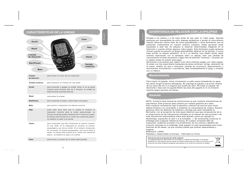 Introduction características de la unidad, Advertencia en relación con la epilepsia, Mantenimiento | Garantía | Lexibook LG500 User Manual | Page 8 / 19
