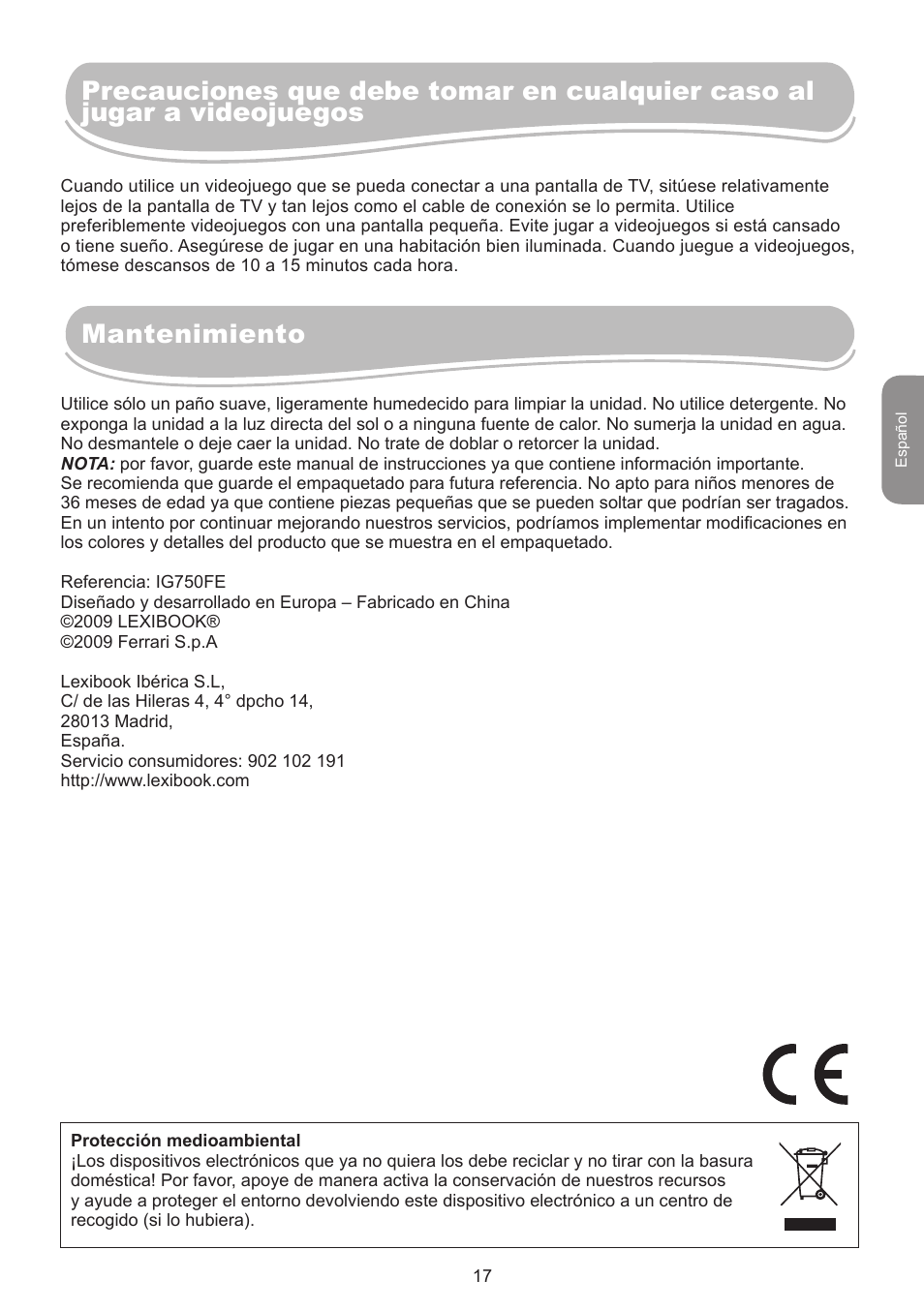 Mantenimiento | Lexibook IG750FE User Manual | Page 17 / 44