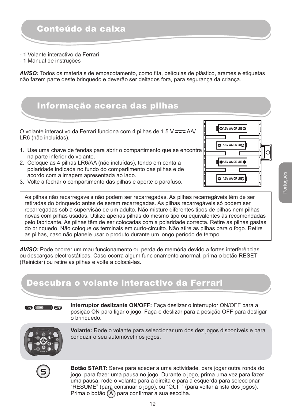 Conteúdo da caixa informação acerca das pilhas, Descubra o volante interactivo da ferrari | Lexibook IG750FE User Manual | Page 19 / 44