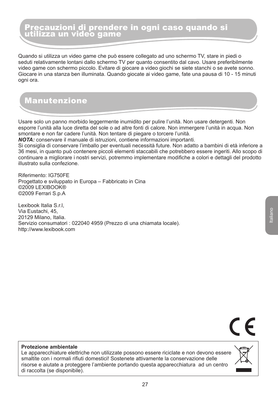 Manutenzione | Lexibook IG750FE User Manual | Page 27 / 44