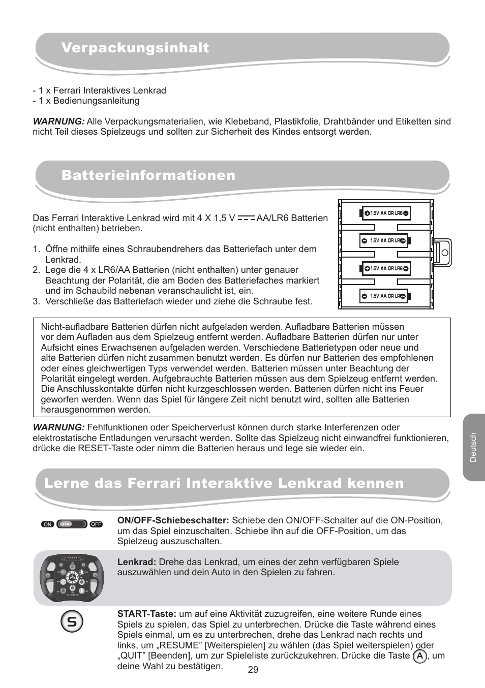 Verpackungsinhalt batterieinformationen, Lerne das ferrari interaktive lenkrad kennen | Lexibook IG750FE User Manual | Page 29 / 44