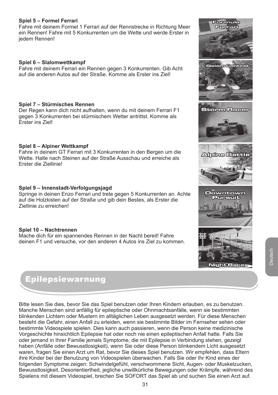 Epilepsiewarnung | Lexibook IG750FE User Manual | Page 31 / 44