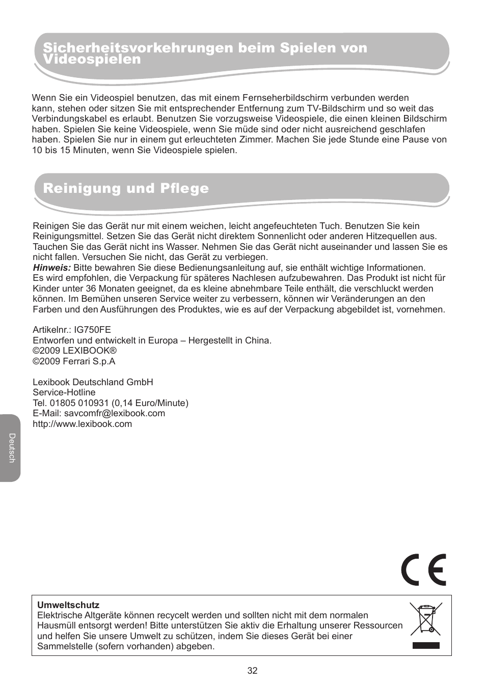 Reinigung und pflege | Lexibook IG750FE User Manual | Page 32 / 44