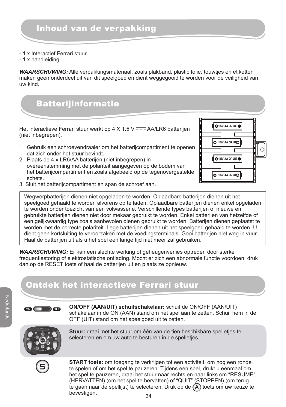 Inhoud van de verpakking batterijinformatie, Ontdek het interactieve ferrari stuur | Lexibook IG750FE User Manual | Page 34 / 44