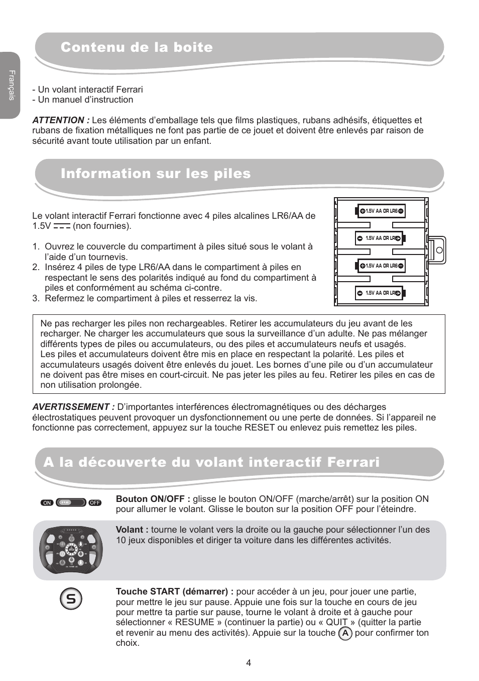 Contenu de la boite information sur les piles, A la découverte du volant interactif ferrari | Lexibook IG750FE User Manual | Page 4 / 44