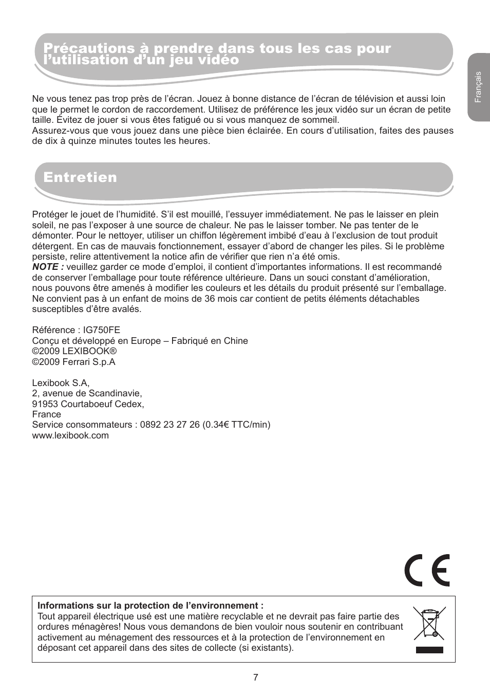 Entretien | Lexibook IG750FE User Manual | Page 7 / 44