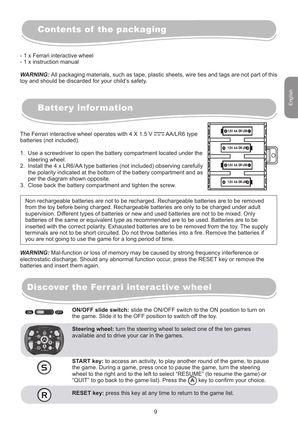 Rcontents of the packaging battery information, Discover the ferrari interactive wheel | Lexibook IG750FE User Manual | Page 9 / 44