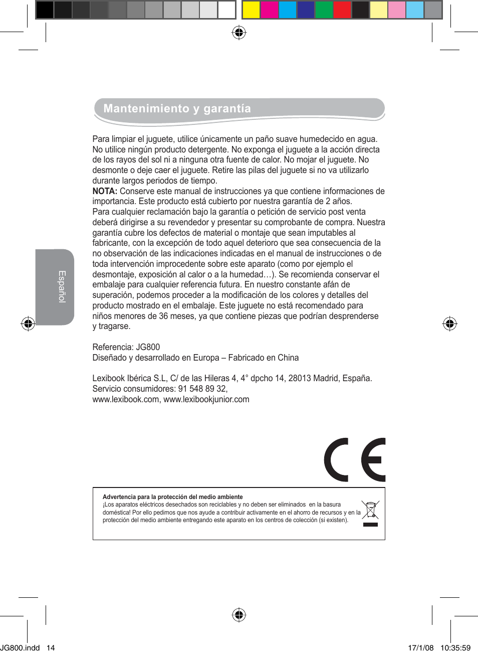 Mantenimiento y garantía | Lexibook JG800 User Manual | Page 14 / 36