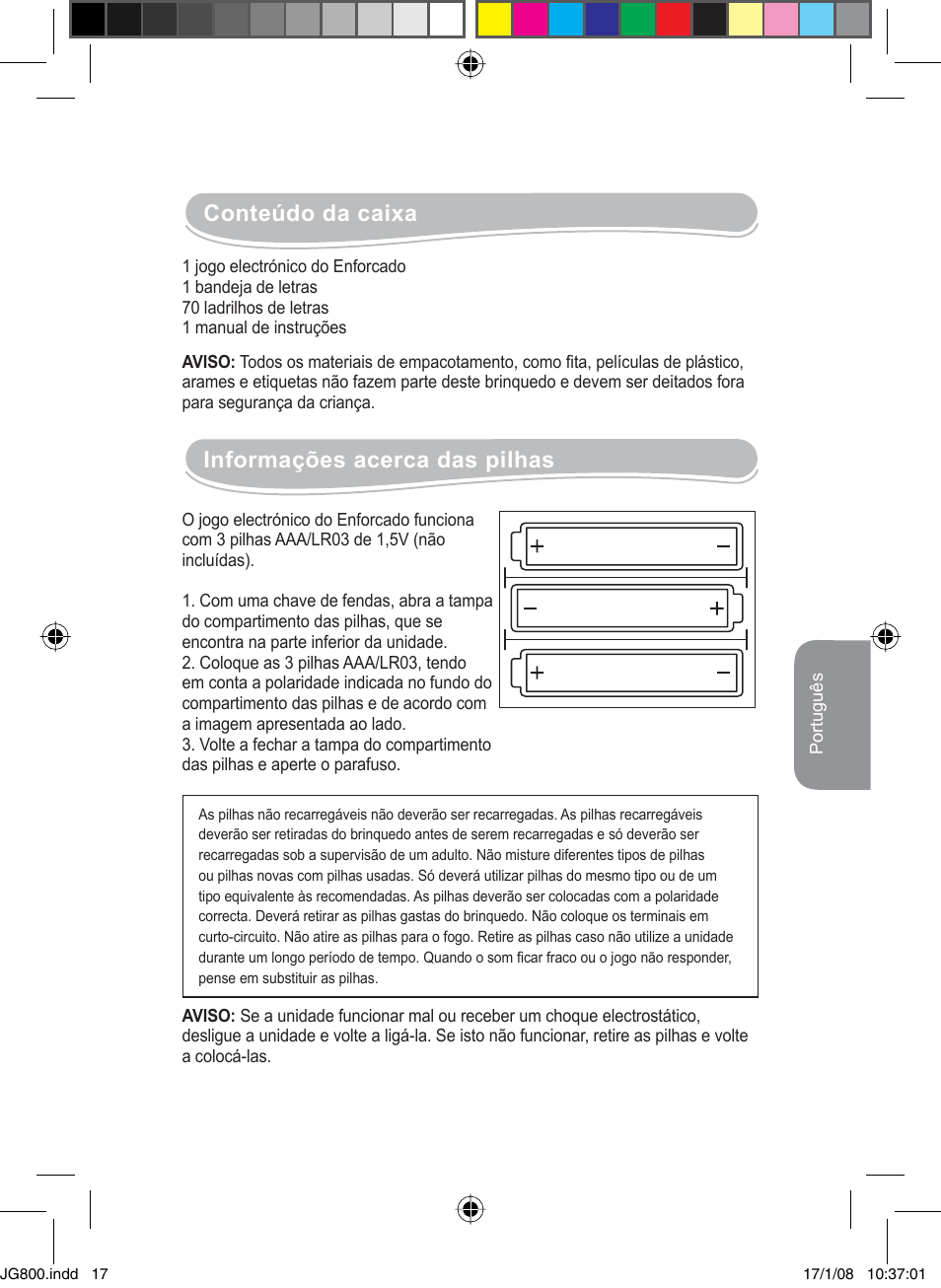 Conteúdo da caixa, Informações acerca das pilhas | Lexibook JG800 User Manual | Page 17 / 36