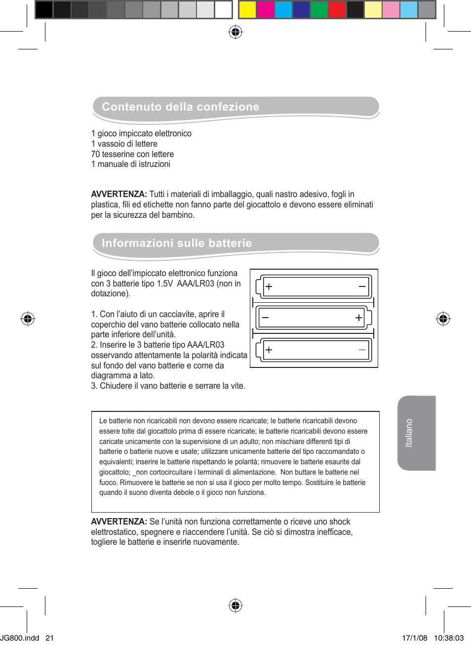 Contenuto della confezione, Informazioni sulle batterie | Lexibook JG800 User Manual | Page 21 / 36