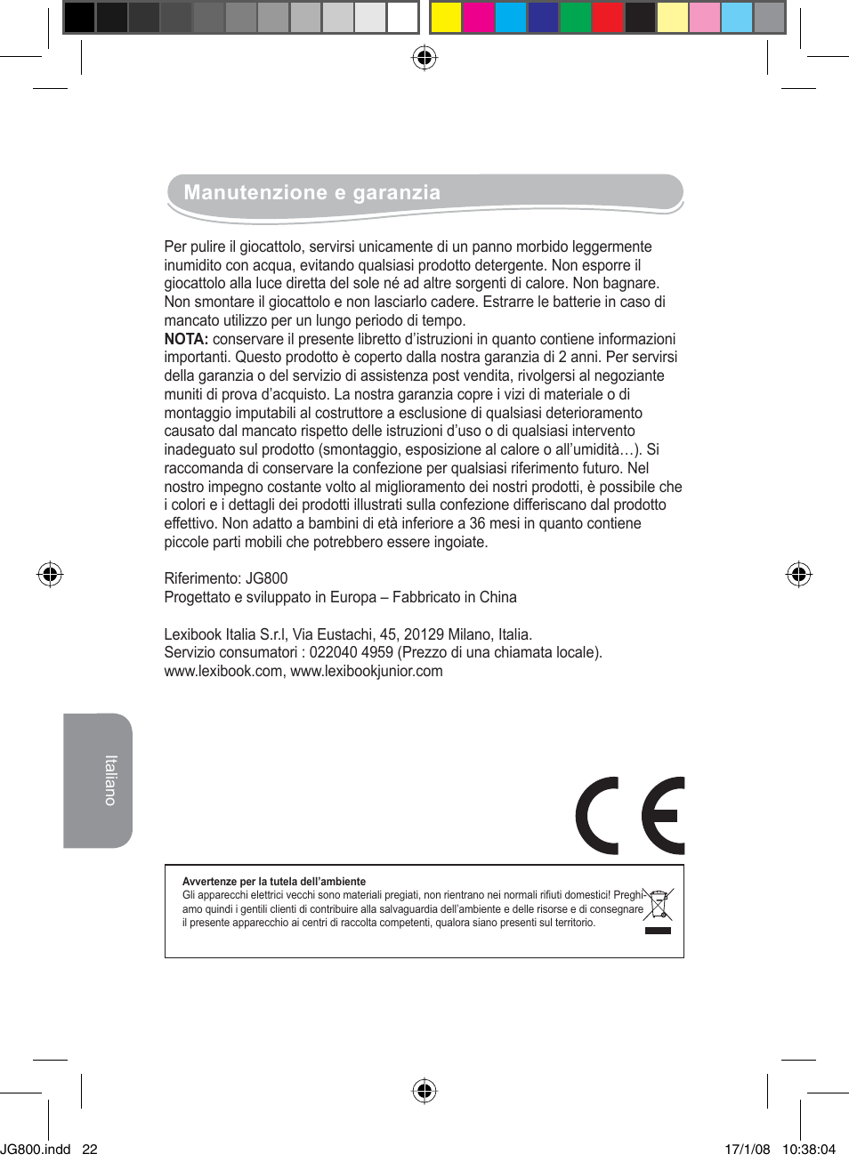 Manutenzione e garanzia | Lexibook JG800 User Manual | Page 22 / 36