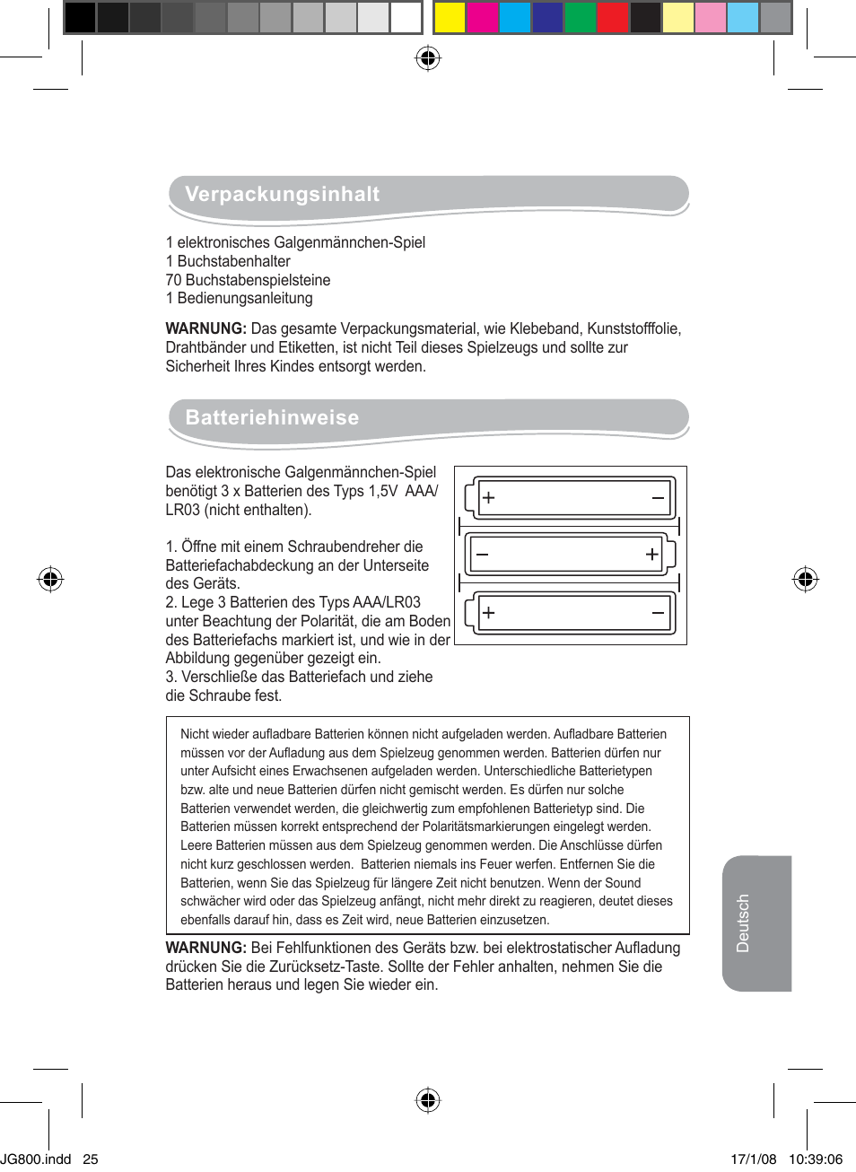 Verpackungsinhalt, Batteriehinweise | Lexibook JG800 User Manual | Page 25 / 36