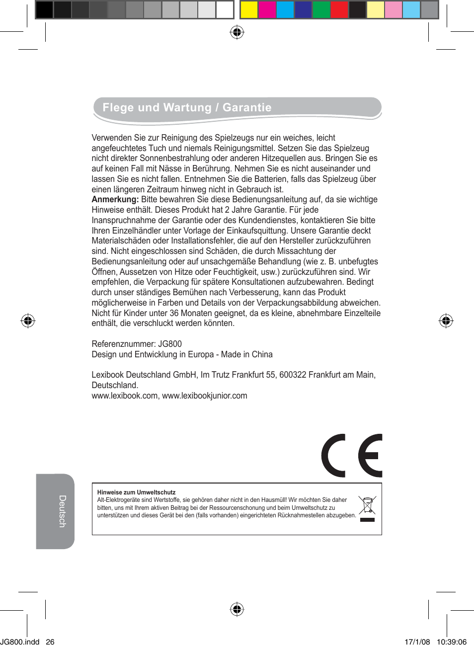 Flege und wartung / garantie | Lexibook JG800 User Manual | Page 26 / 36