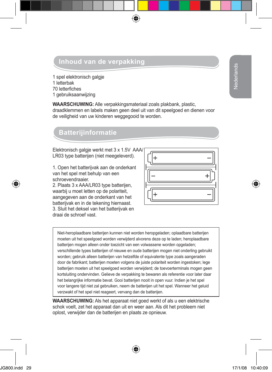 Inhoud van de verpakking, Batterijinformatie | Lexibook JG800 User Manual | Page 29 / 36