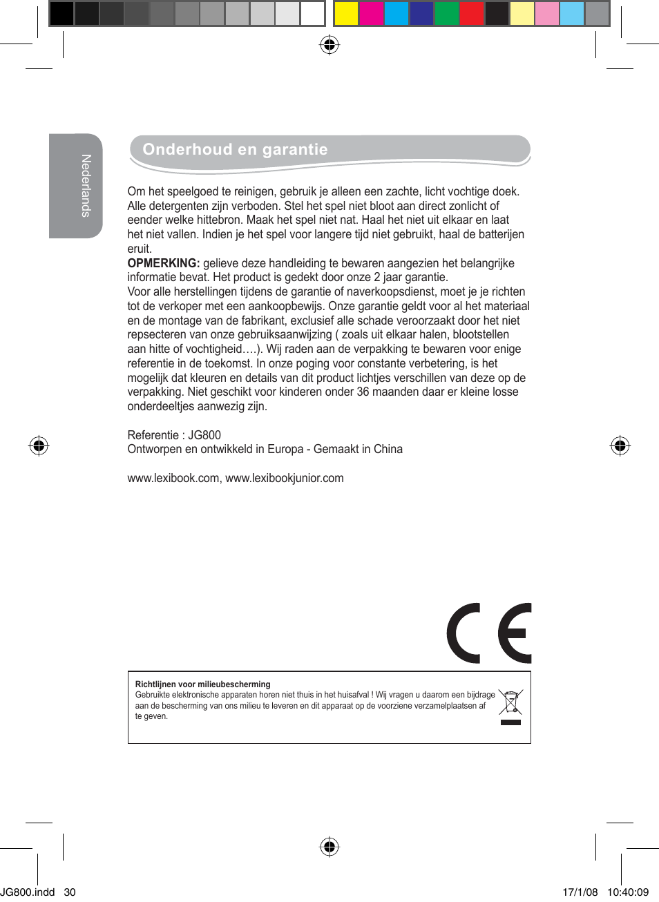 Onderhoud en garantie | Lexibook JG800 User Manual | Page 30 / 36