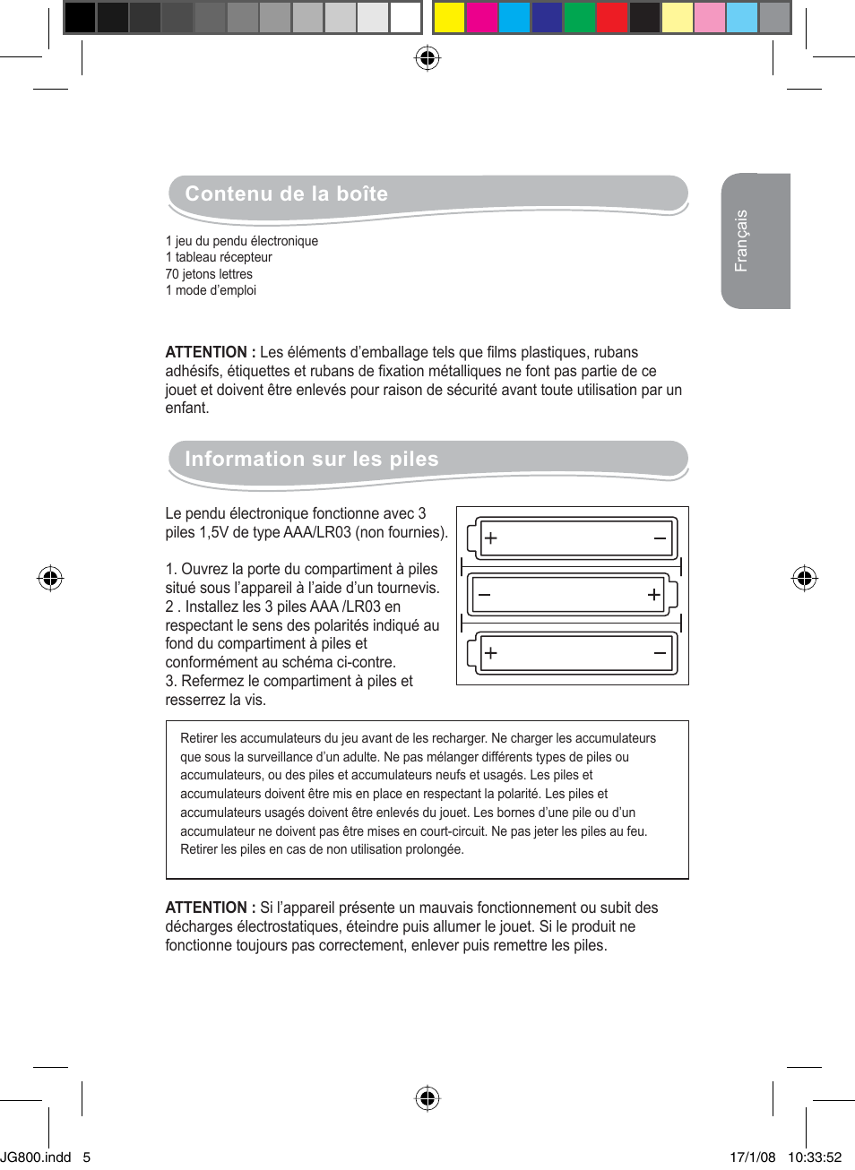 Contenu de la boîte, Information sur les piles | Lexibook JG800 User Manual | Page 5 / 36