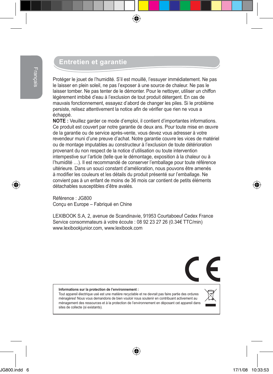 Entretien et garantie | Lexibook JG800 User Manual | Page 6 / 36