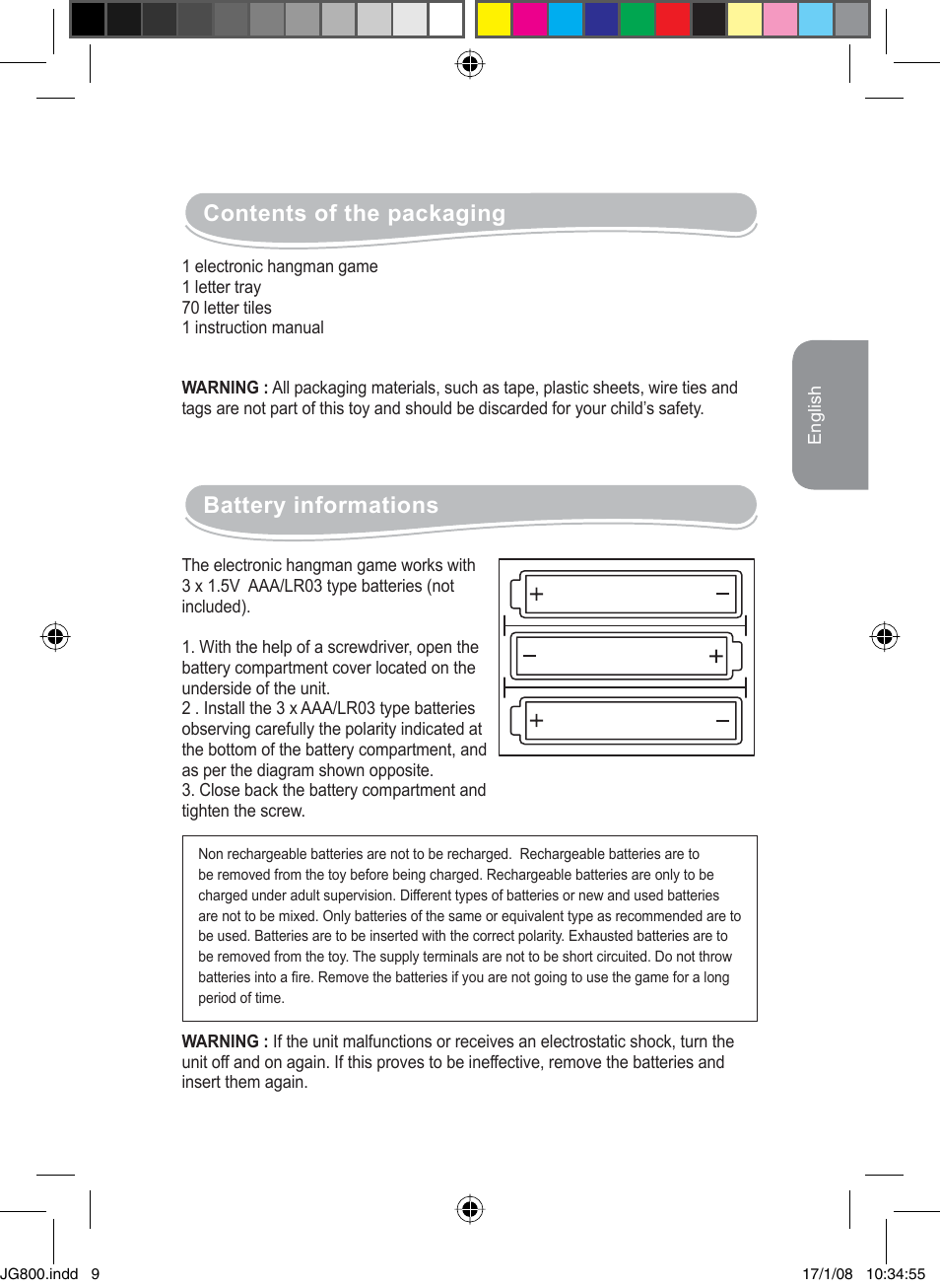 Contents of the packaging, Battery informations | Lexibook JG800 User Manual | Page 9 / 36