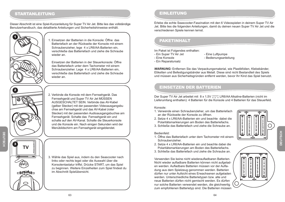 Startanleitung, Einleitung, Paketinhalt | Einsetzen der batterien | Lexibook JG6000 User Manual | Page 33 / 52