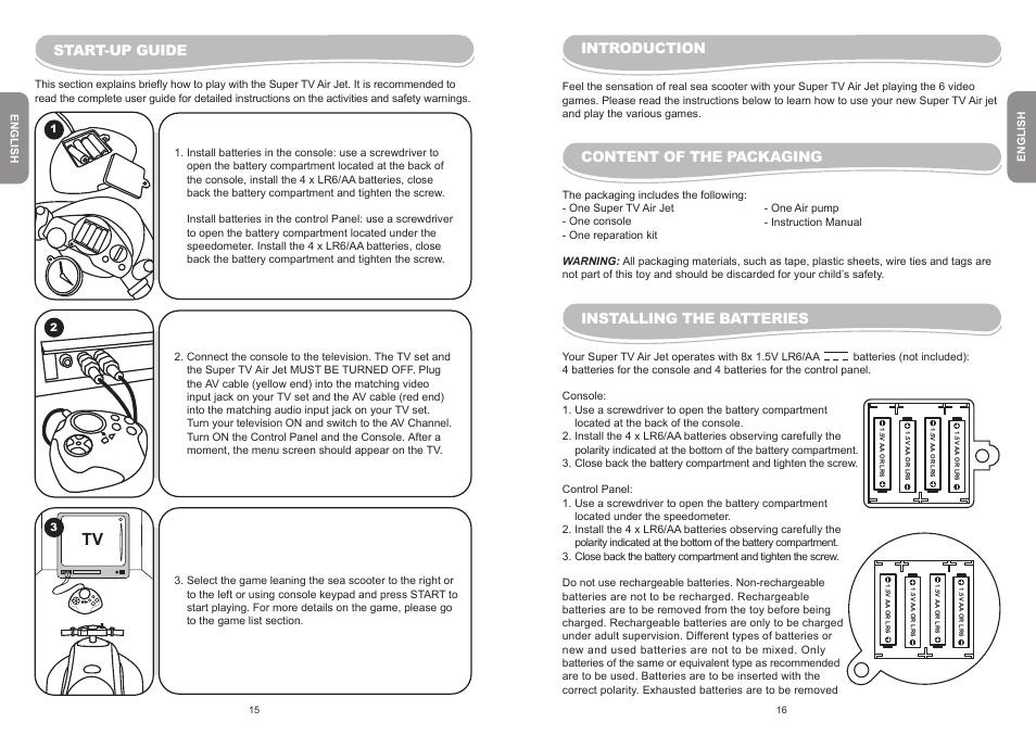 Start-up guide, Introduction, Content of the packaging | Installing the batteries | Lexibook JG6000 User Manual | Page 9 / 52