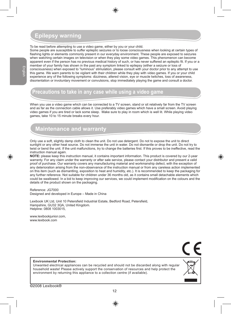 Epilepsy warning, Maintenance and warranty | Lexibook JG7000 User Manual | Page 12 / 44