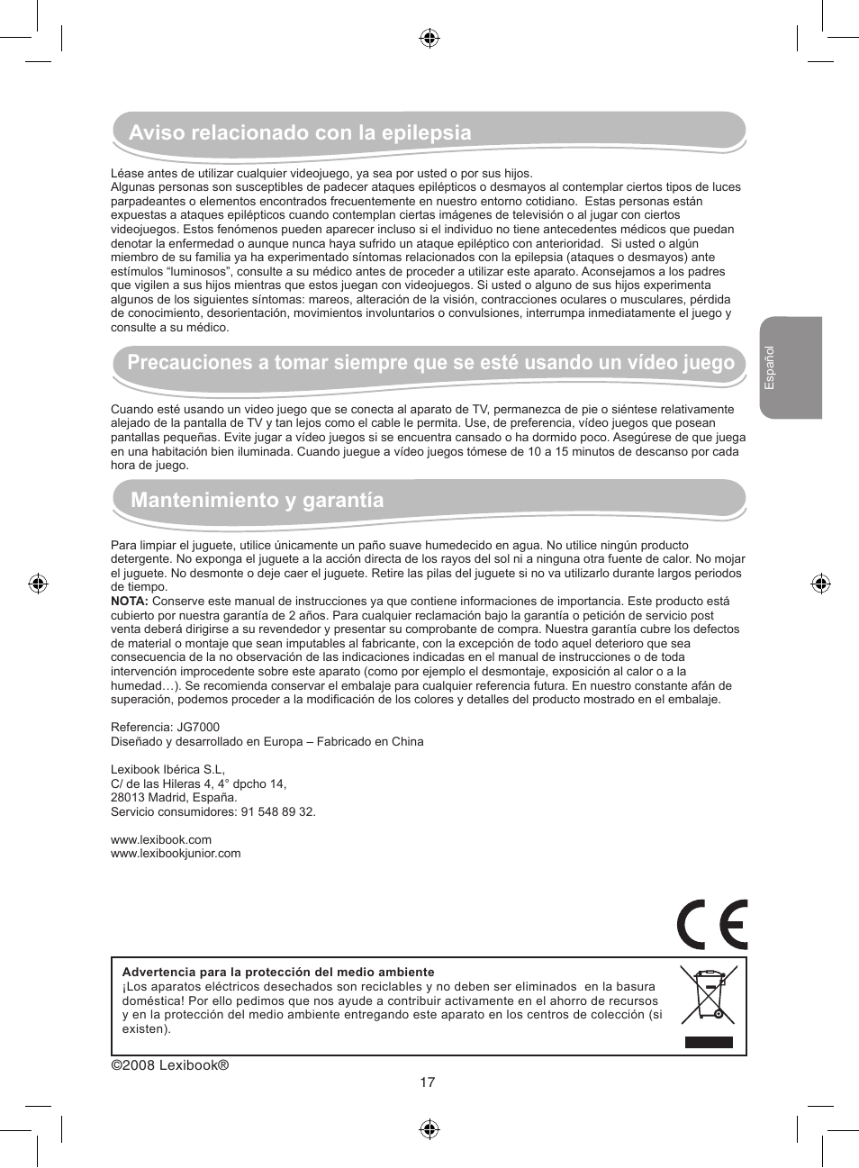 Aviso relacionado con la epilepsia, Mantenimiento y garantía | Lexibook JG7000 User Manual | Page 17 / 44