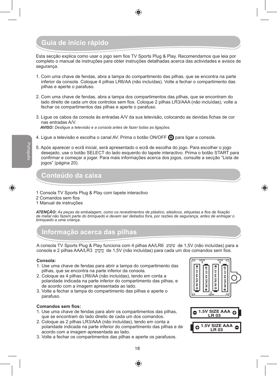 Guia de início rápido, Conteúdo da caixa, Informação acerca das pilhas | Lexibook JG7000 User Manual | Page 18 / 44