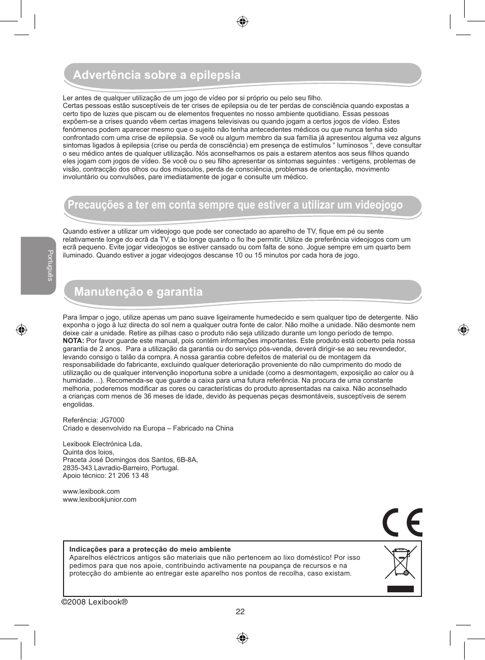 Advertência sobre a epilepsia, Manutenção e garantia | Lexibook JG7000 User Manual | Page 22 / 44