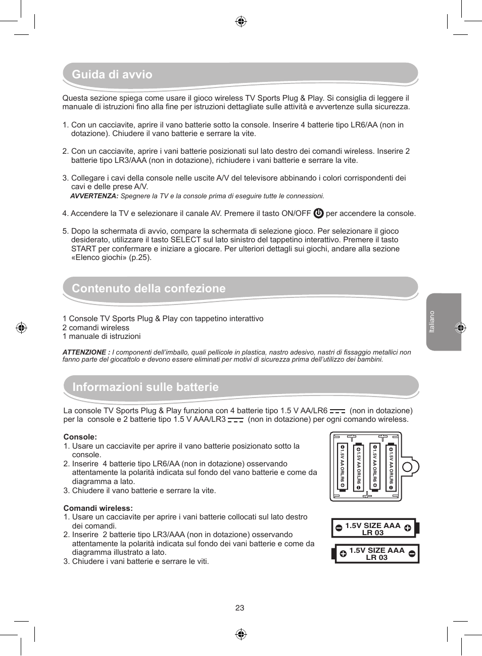 Contenuto della confezione, Informazioni sulle batterie | Lexibook JG7000 User Manual | Page 23 / 44