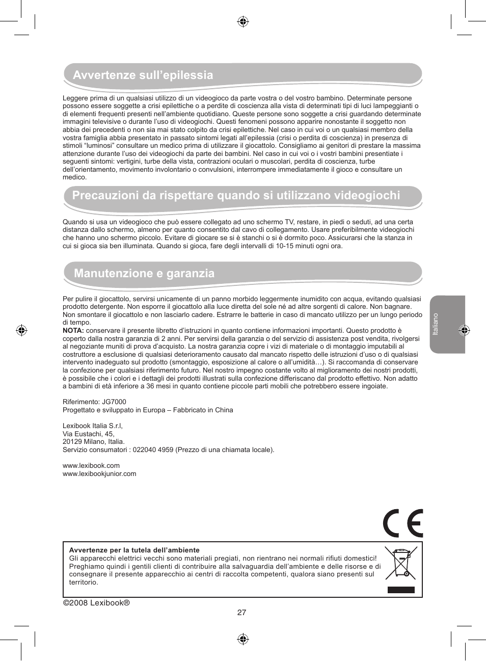 Avvertenze sull’epilessia, Manutenzione e garanzia | Lexibook JG7000 User Manual | Page 27 / 44