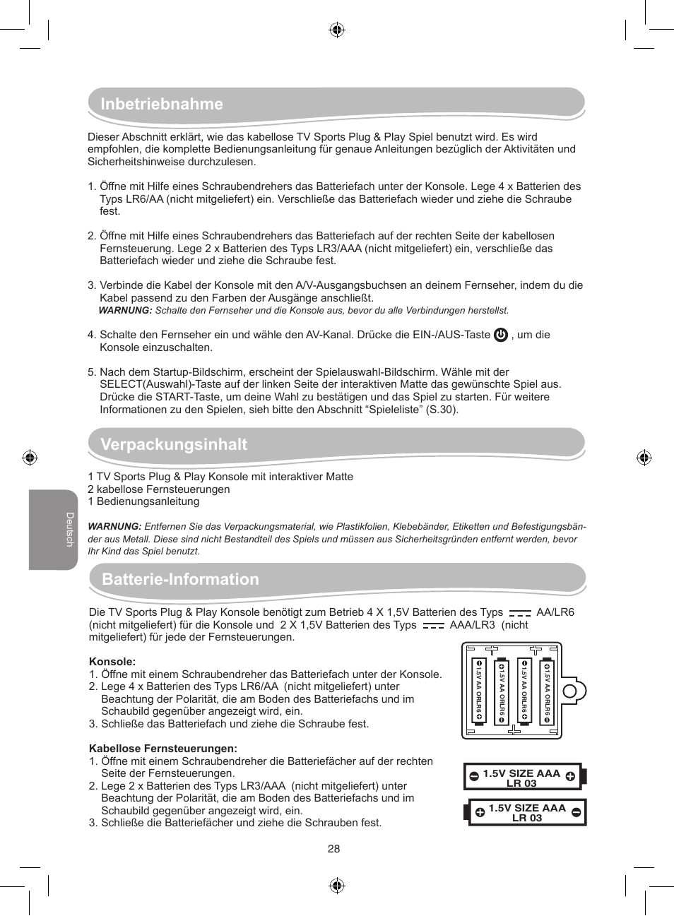 Inbetriebnahme, Verpackungsinhalt, Batterie-information | Lexibook JG7000 User Manual | Page 28 / 44