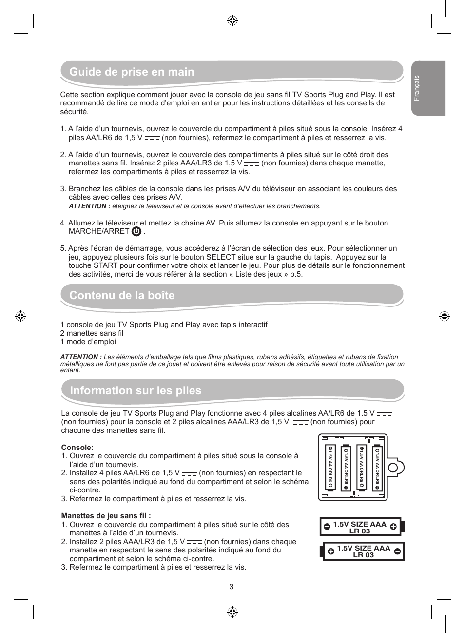 Guide de prise en main, Contenu de la boîte, Information sur les piles | Lexibook JG7000 User Manual | Page 3 / 44