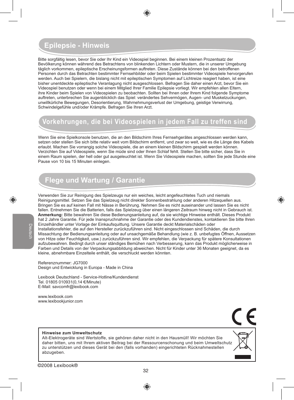 Epilepsie - hinweis, Flege und wartung / garantie | Lexibook JG7000 User Manual | Page 32 / 44