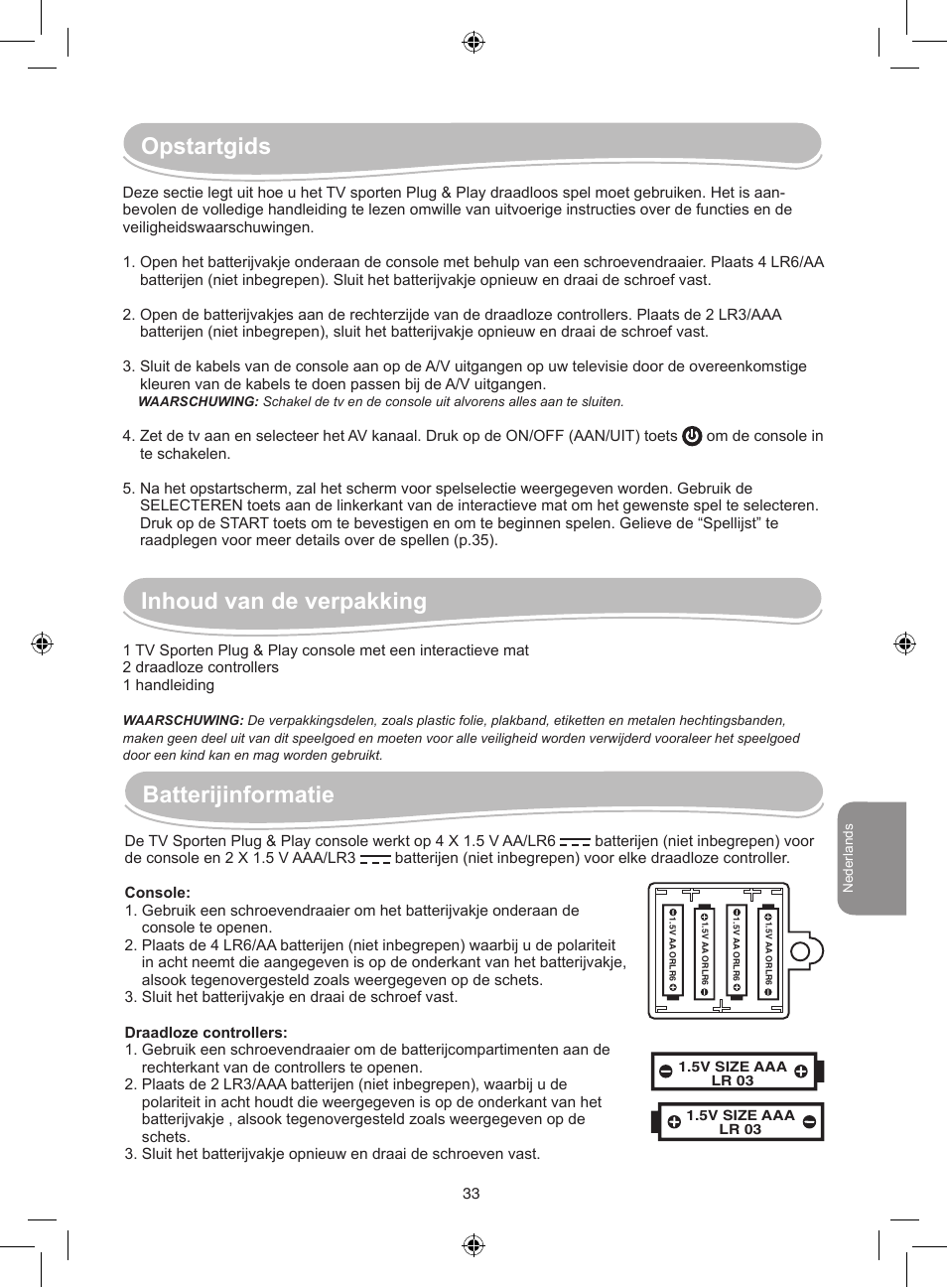 Inhoud van de verpakking, Batterijinformatie | Lexibook JG7000 User Manual | Page 33 / 44