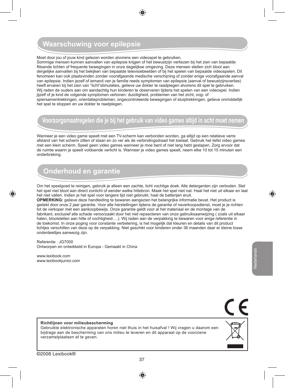 Waarschuwing voor epilepsie, Onderhoud en garantie | Lexibook JG7000 User Manual | Page 37 / 44