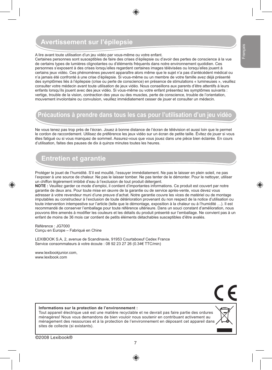 Avertissement sur l’épilepsie, Entretien et garantie | Lexibook JG7000 User Manual | Page 7 / 44