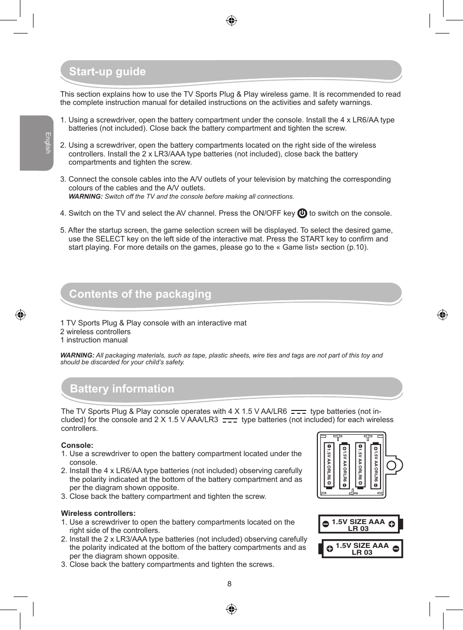 Start-up guide, Contents of the packaging, Battery information | Lexibook JG7000 User Manual | Page 8 / 44