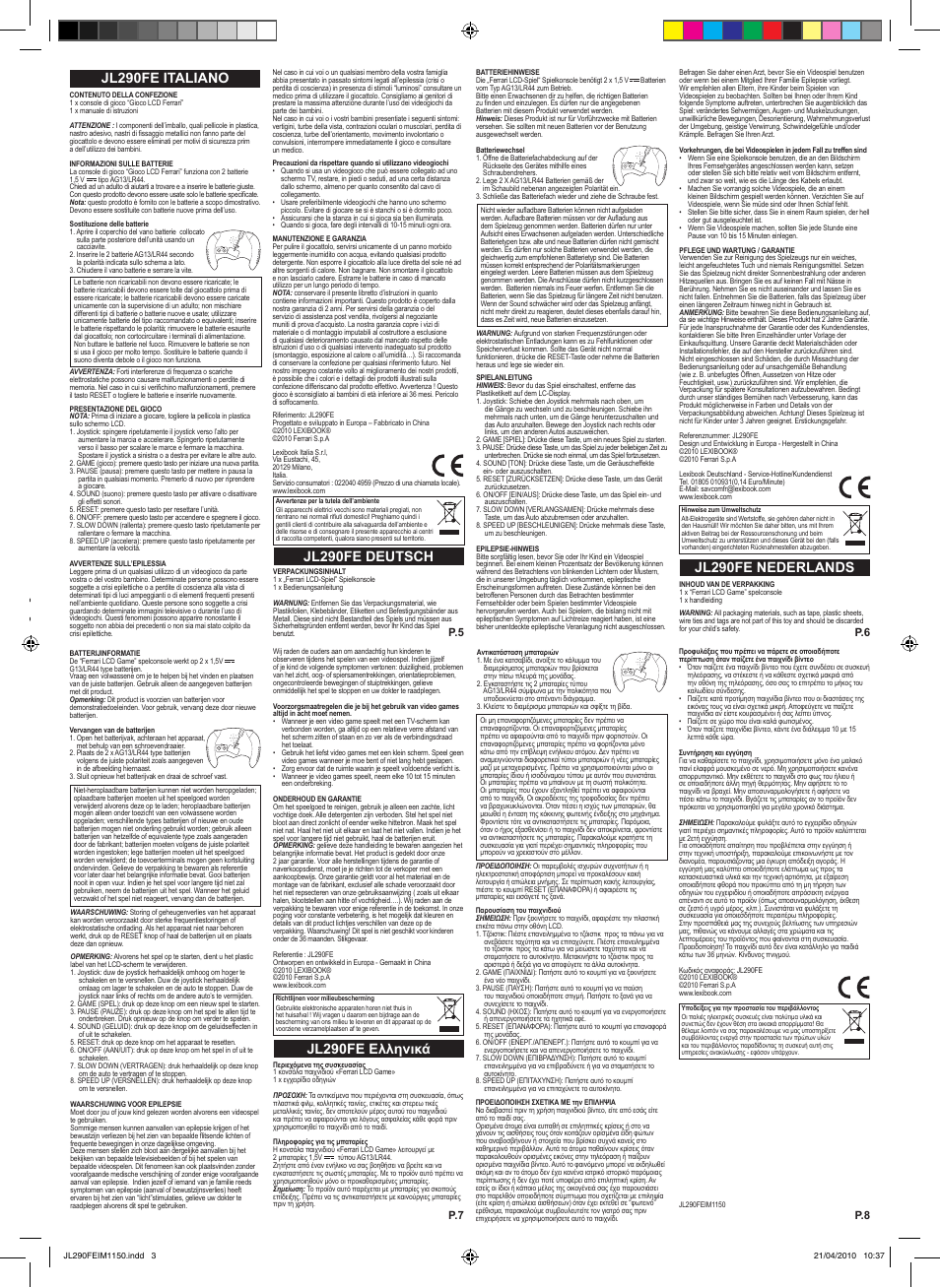 Jl290fe nederlands, Jl290fe ελληνικά, P.5 p.6 p.7 p.8 | Lexibook JL290FE User Manual | Page 2 / 2