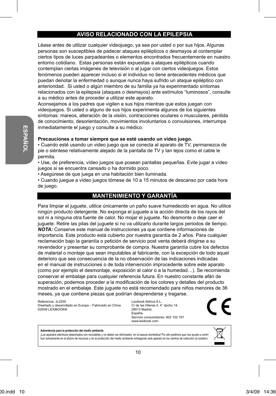 Esp añol, Mantenimiento y garantía, Aviso relacionado con la epilepsia | Lexibook JL2200 User Manual | Page 10 / 26