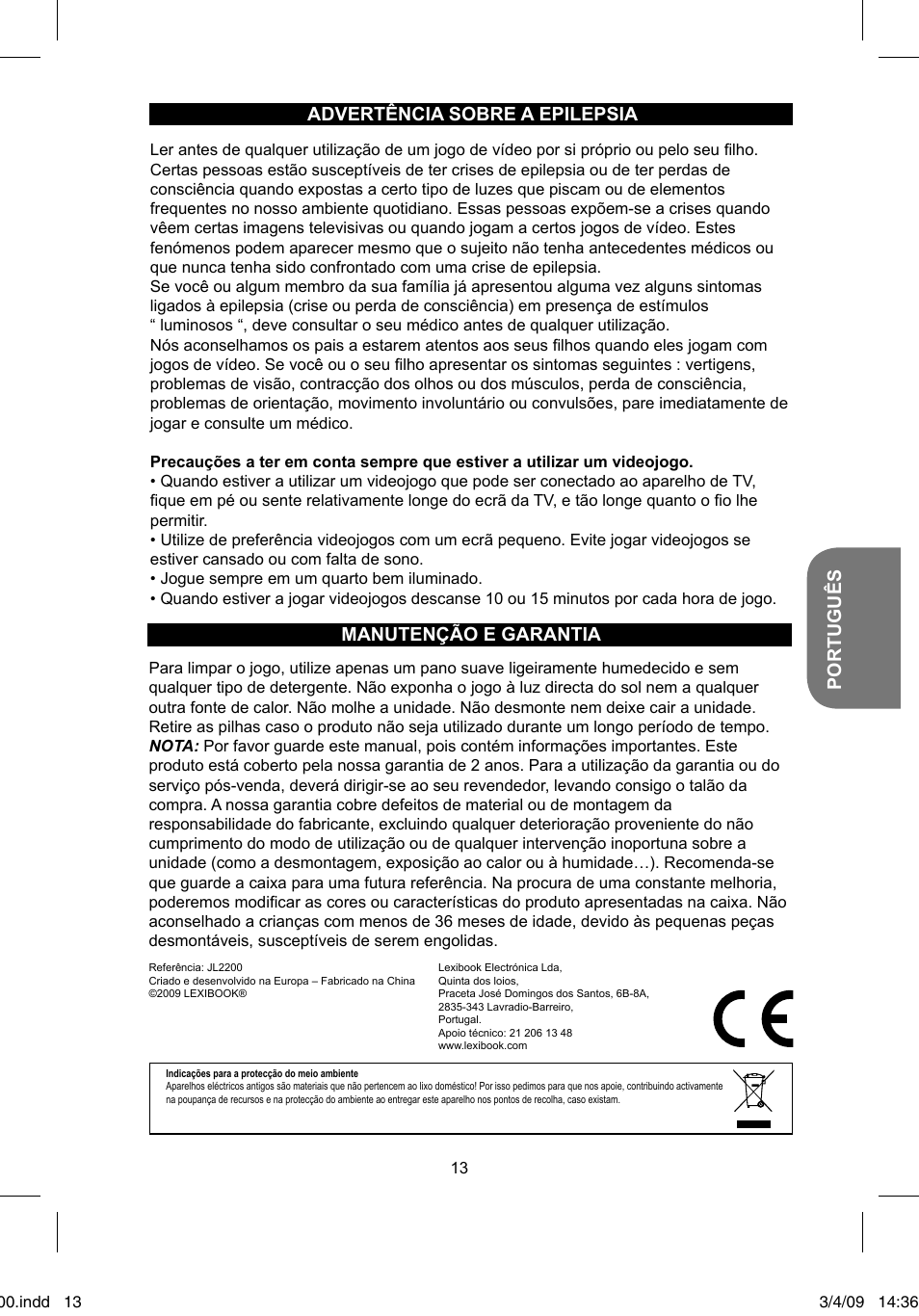 Português, Manutenção e garantia, Advertência sobre a epilepsia | Lexibook JL2200 User Manual | Page 13 / 26