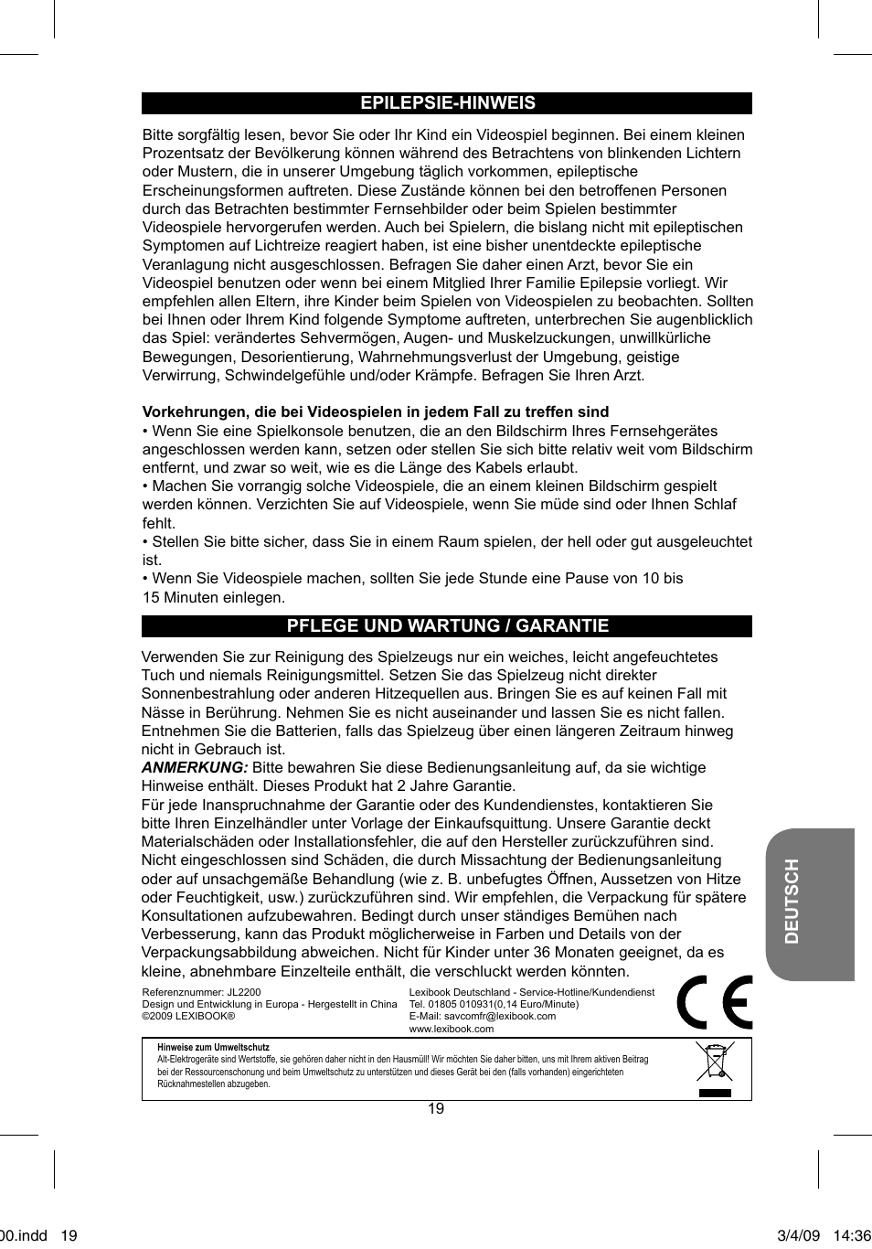 Deutsch, Pflege und wartung / garantie, Epilepsie-hinweis | Lexibook JL2200 User Manual | Page 19 / 26