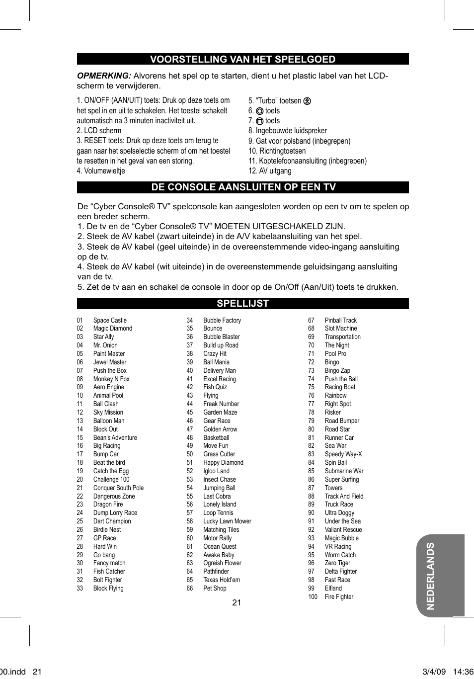 Nederlands voorstelling van het speelgoed, Spellijst, De console aansluiten op een tv | Lexibook JL2200 User Manual | Page 21 / 26