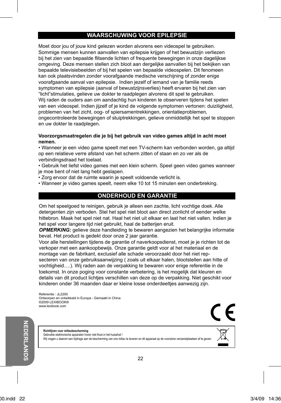 Nederlands, Onderhoud en garantie, Waarschuwing voor epilepsie | Lexibook JL2200 User Manual | Page 22 / 26